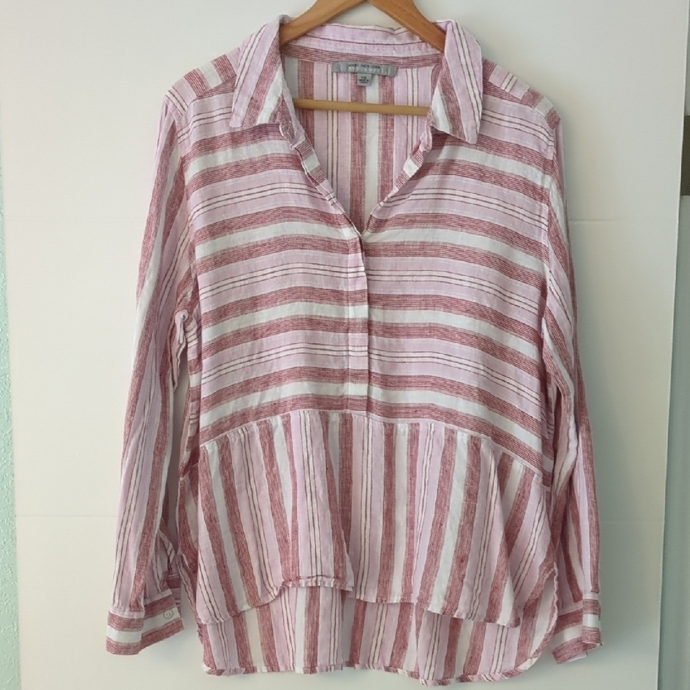 Marc New YorkAndrew Marc Linen Pink Striped Coastal Grandma Beach Women Top PXL